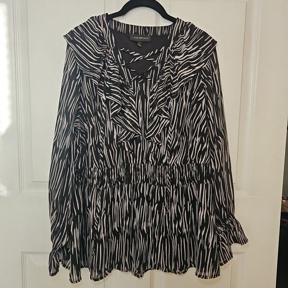 Lane Bryant Women's Ruffle Black Pink Flowy Long Sleeve Blouse 14